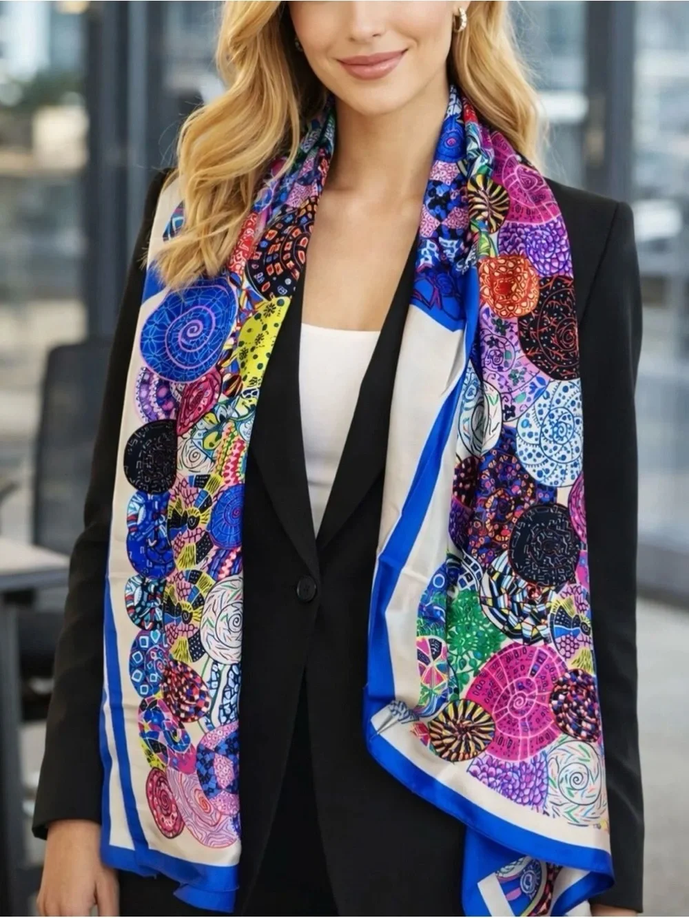 Colorful Abstract Silk Scarf Wrap Boho Retro Mod Silk Blend Y2K Luxe Artistic